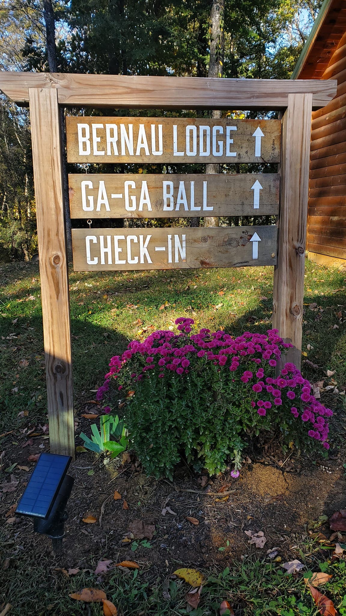 Directional sign pointing to Bernau Lodge, Ga-Ga Ball, and check-in