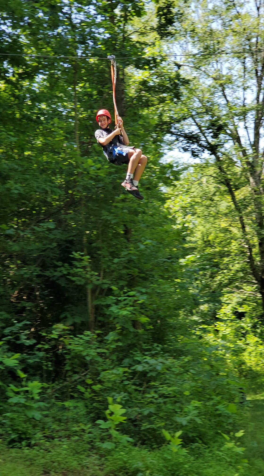 Camper riding a zipline through the forest canopy