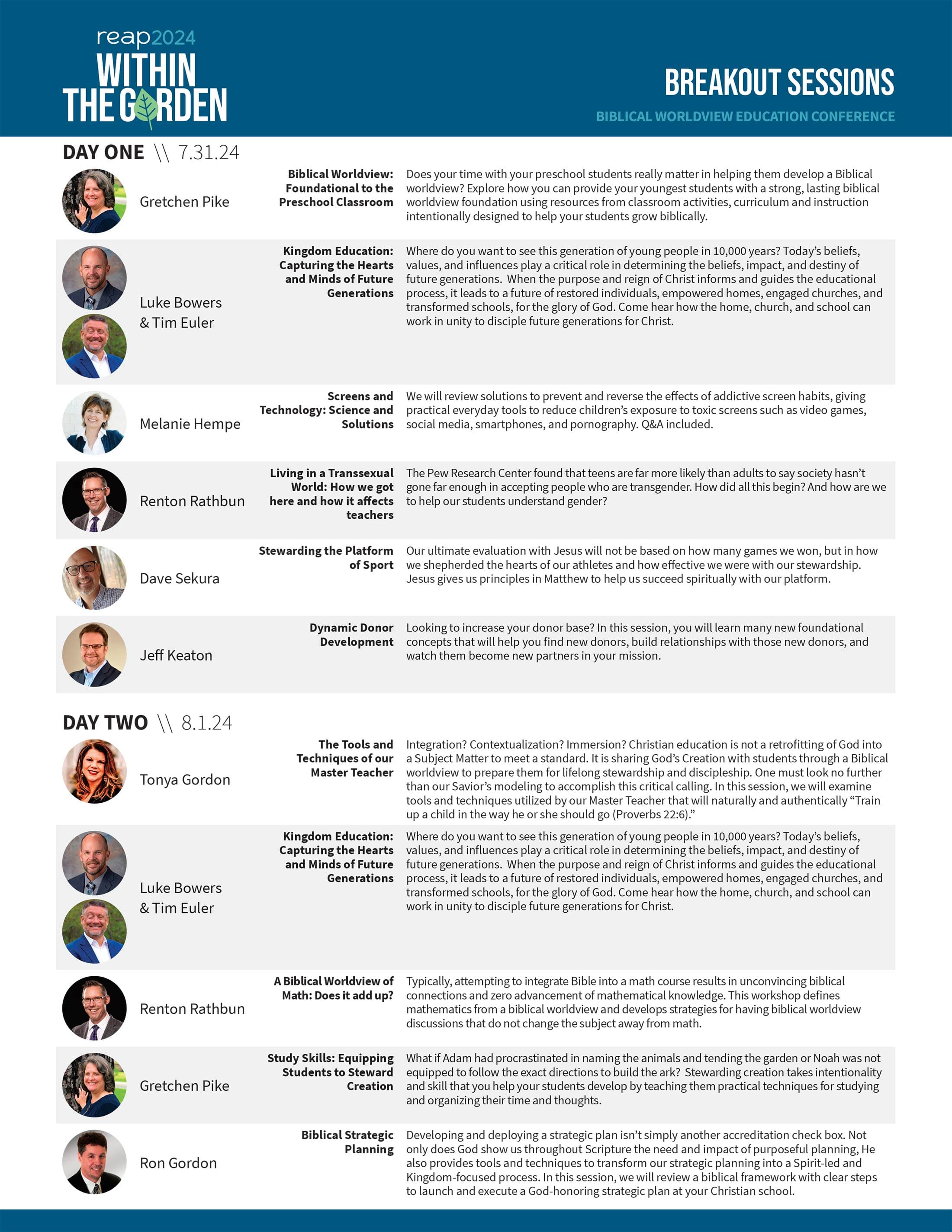 REAP 2024 breakout sessions schedule grid